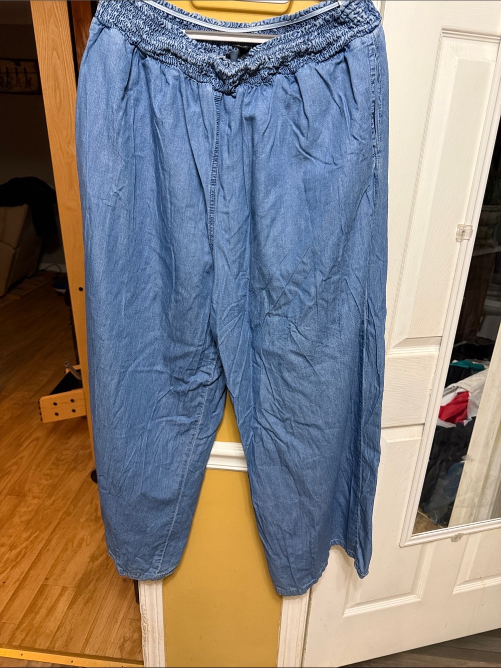 Forever 21 Light Blue Chambray Wide-Leg Pants with Smocked Waistband